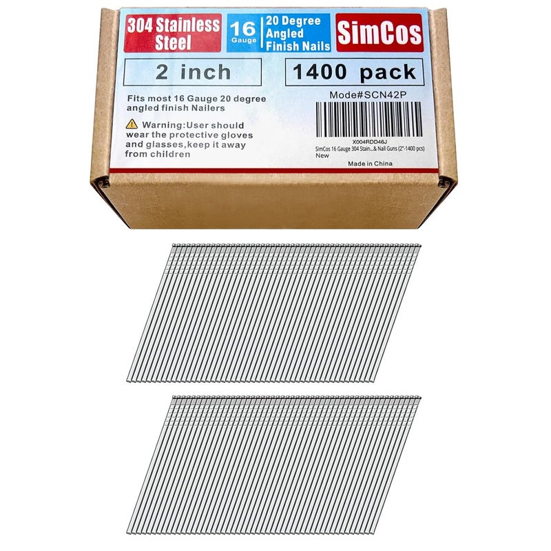 SimCos 16 Gauge 304 Stainless Steel Angled Finish Nails – 1-1/4” to 2-1/2 Inch, 20-Degree | Compatible with Pneumatic/Electric Angled Finish Nailers & Nail Guns (2"-1400 pcs) - Image 1